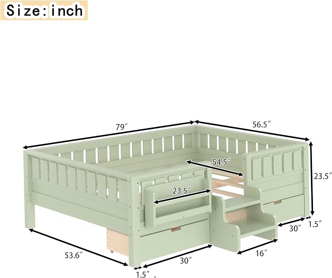 Bellemave Full Size Kids Bed with high Rails and with Built-in Bookshelf and Drawers for Kids, Girls, Boys, Wood Montessori Bed Without Door, Avocado Green