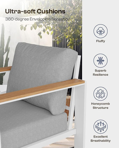 Aluminum Outdoor Sofa Bistro Set, 3 Piece Outdoor Patio Furniture Set with Washable Thick Cushion, Patio Sectional Furniture Set for Porch, Balcony, Deck, Yard, White