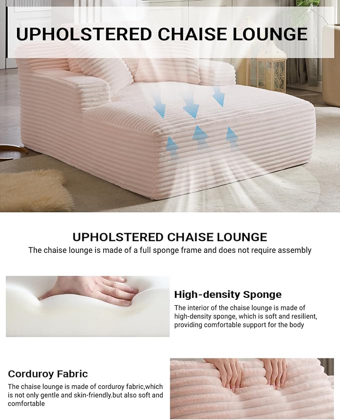 ivoros 50 Inch Chaise Lounge Chair Indoor, Oversized Corduroy Upholstered Boneless Sofa Bed, Deep Seat Sleeper Couch Reading Chairs, Cloud Sofas Couches for Living Room, No Assembly Required (Pink)