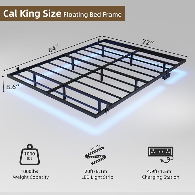 Floating Bed Frame California King Size with Charging Station and LED Lights, Metal Platform Bed Frame, No Box Spring Needed, Easy Assembly, (California King)