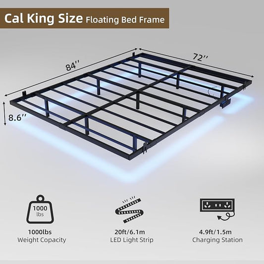 Floating Bed Frame California King Size with Charging Station and LED Lights, Metal Platform Bed Frame, No Box Spring Needed, Easy Assembly, (California King)