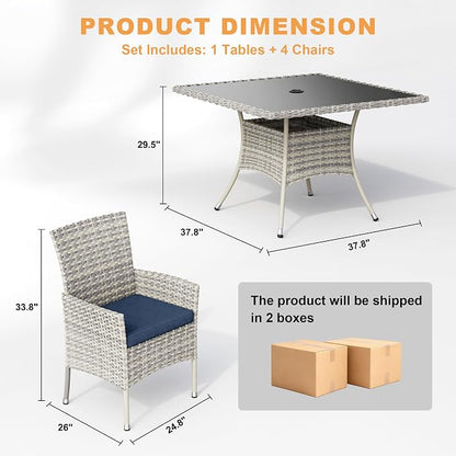 5-Piece Patio Dining Set, Patio Furniture Set with Square Tempered Glass Table & 4 Wicker Chairs, Expandable Design for Larger Groups, Outdoor Furniture for Backyard, Deck, Garden, Navy Blue