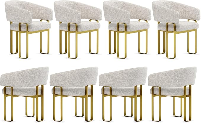 Off White and Gold Dining Chairs with Arms, Barrel Dining Room Chairs with White Boucle & U-Shaped Brushed Gold Metal Legs for Kitchen (Set of 8)