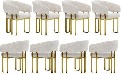 Off White and Gold Dining Chairs with Arms, Barrel Dining Room Chairs with White Boucle & U-Shaped Brushed Gold Metal Legs for Kitchen (Set of 8)