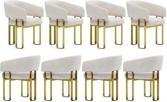 Off White and Gold Dining Chairs with Arms, Barrel Dining Room Chairs with White Boucle & U-Shaped Brushed Gold Metal Legs for Kitchen (Set of 8)