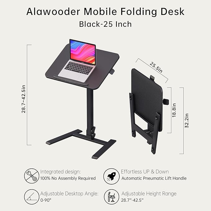 alawooder 25" Mobile Folding Desk: Pneumatic Sit-Stand, No Assembly | 29-42" Height Adjustable Rolling Laptop Desk, Hidden Wheels, 0-90° Tilt Top. Ideal for Home Office, Craft & Study.