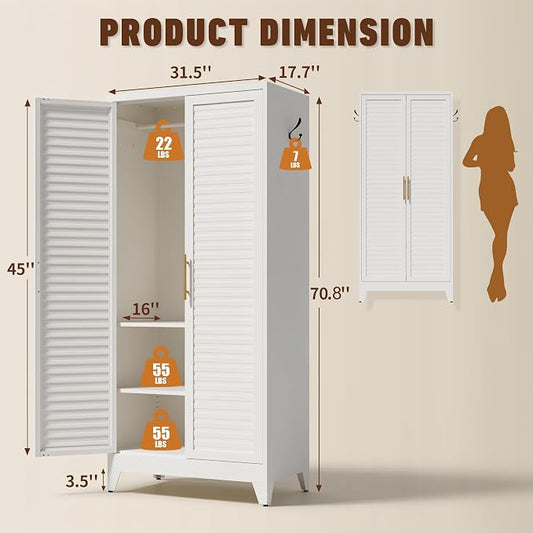 Metal Armoire Wardrobe Closet with 2 Doors, 71" Tall Clothes Cabinet with Adjustable Hanging Rod and 2 Shelves,White Steel Storage Locker Cabinets for Bedroom,Bathroom Employees,Gym,Garage