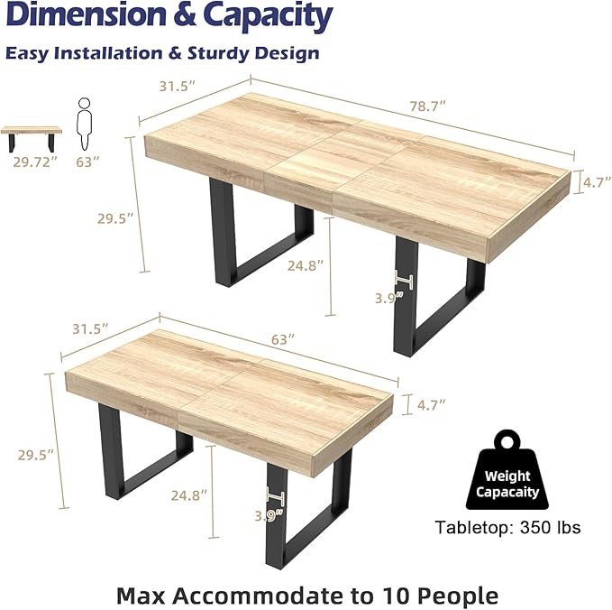 STHOUYN 63”-79” Extendable Dining Room Table Desk for 6 8 10, Modern Rustic Kitchen Expanding Table, Wooden Long Large Expandable Dining Room Conference Table for Kitchens (Natural Oak)