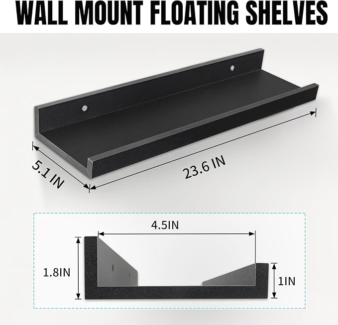 LaVie Home 23.6-Inch Black Floating Shelves for Wall Storage Set of 4 - Modern Minimalist Picture Ledge Shelf Wall Decor for Kitchen, Bedroom, Bathroom, and Living Room