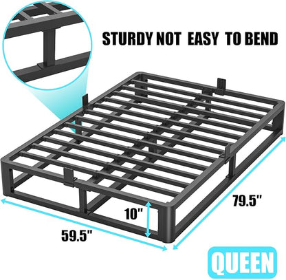 Bilily 10 Inch Queen Bed Frame with Round Corner, Heavy Duty 3500 LBS Steel Slats Support with Mattress Slide Stopper, No Box Spring Needed, Noise Free, Easy Assembly