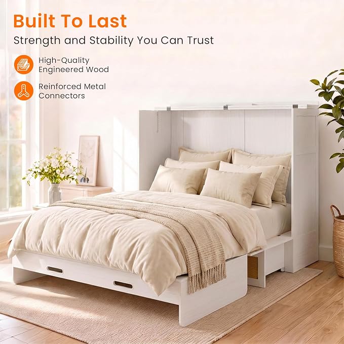 CECER Queen Size Murphy Bed with Mattress for Guest/Small Space-White | Built-in Multi-Port Charging Station ＆ Large Storage Drawer，Space Saving ＆ Easy Assemble and Conversion
