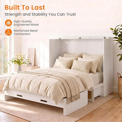 CECER Queen Size Murphy Bed with Mattress for Guest/Small Space-White | Built-in Multi-Port Charging Station ＆ Large Storage Drawer，Space Saving ＆ Easy Assemble and Conversion