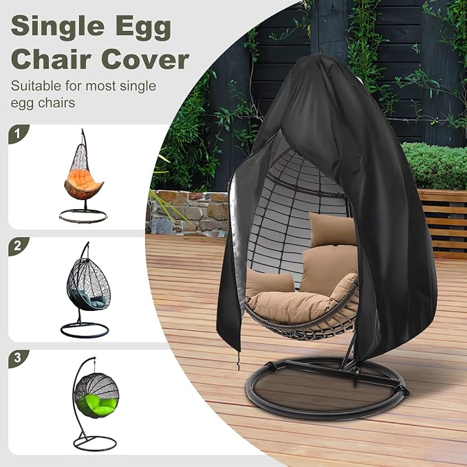 Egg Chair Cover Waterproof, 75x45 Inch Outdoor Hanging Egg Swing Chair Cover, Heavy Duty 420D Oxford Fabric, UV Resistant Windproof with Zipper & Drawstring, Fits Single Seat Egg Chair (Black)