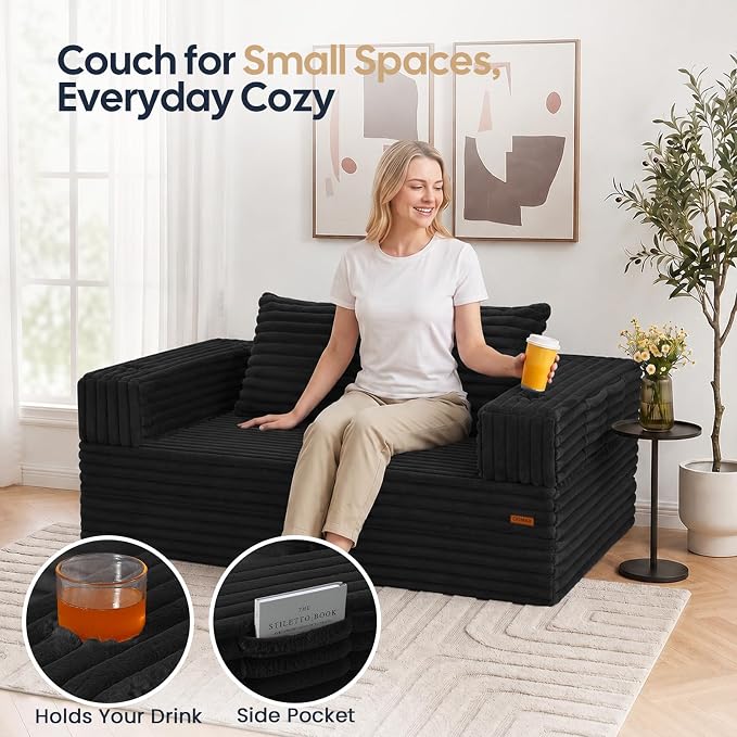 COMAX Futon Sofa Bed, Convertible Sofa Bed, Folding Boneless Couches | Boneless Couch for living room, Fold Out Small Foldable Loveseat Floor Sleeper Mattress Lounge Space‑Saving, Jet Black