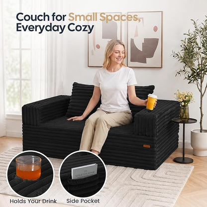 COMAX Futon Sofa Bed, Convertible Sofa Bed, Folding Boneless Couches | Boneless Couch for living room, Fold Out Small Foldable Loveseat Floor Sleeper Mattress Lounge Space‑Saving, Jet Black