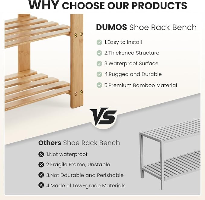 DUMOS Shoe Rack Bench with Storage, 3-Tier Bamboo Entryway Benches, Wooden Shoe Rack Holds Up to 286 lb Storage Organizer, Suitable for Bedroom Living Room Balcony, Classical Wood