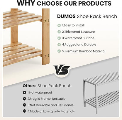 DUMOS Shoe Rack Bench with Storage, 3-Tier Bamboo Entryway Benches, Wooden Shoe Rack Holds Up to 286 lb Storage Organizer, Suitable for Bedroom Living Room Balcony, Classical Wood
