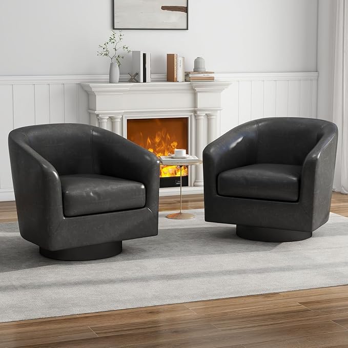 PU Leather Swivel Accent Chairs, Modern Upholstered Barrel Club Chair for Living Room, Round Armchair Single Sofa Bedroom Side Reading Seat - Charcoal Black, Set of 2