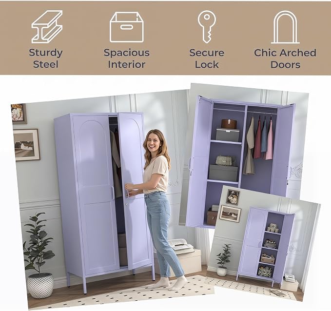 Lockable Closet Metal Wardrobe 67" Purple 2 Door Wardrobe Bedroom Storage Cabinet Adjustable shelf Multi functional metal Storage Cabinet with hanging rail for domestic use 18.1" D x 31.5" W x 67" H