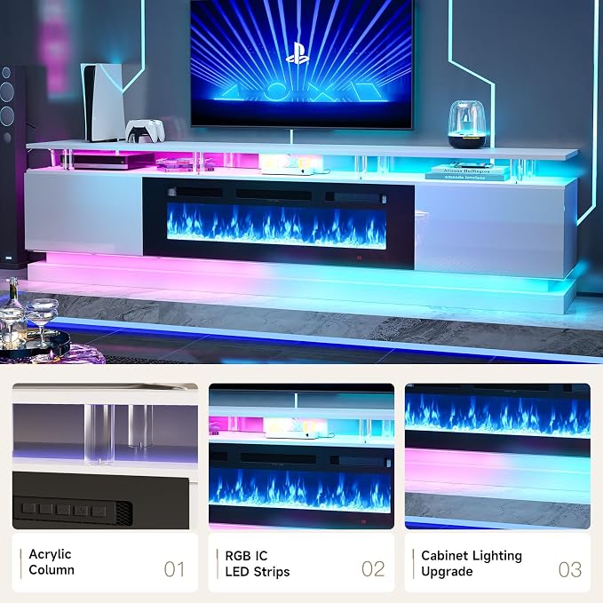 80" Fireplace TV Stand, Modern Entertainment Center for TVs Up to 90", TV Console with Storage Cabinets, Media Console for Living Room, WI-FI Enabled White TV Stand and Black Fireplace