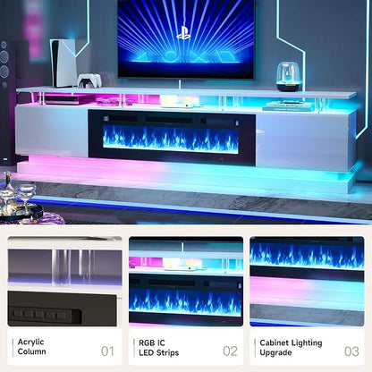 80" Fireplace TV Stand, Modern Entertainment Center for TVs Up to 90", TV Console with Storage Cabinets, Media Console for Living Room, WI-FI Enabled White TV Stand and Black Fireplace