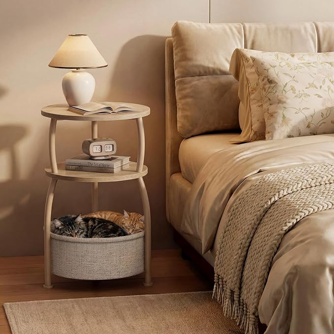 Round Side Table with Storage Basket, End Table Living Room | 3-Tier Bedside Table, Corner Table for Small Room, Bedroom, Garden, 15.75in Couch Side Table with Cat Bed, Accent Table