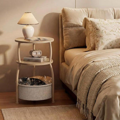 Round Side Table with Storage Basket, End Table Living Room | 3-Tier Bedside Table, Corner Table for Small Room, Bedroom, Garden, 15.75in Couch Side Table with Cat Bed, Accent Table