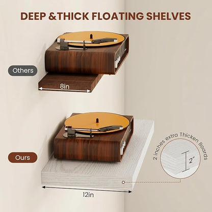 Vivelove 12 Deep Floating Shelves for Wall, 12x12 Inch Shelves for Room Wall Mounted, 2" Thick Floating Shelf for Living Room Bedroom Bathroom Kitchen Laundry Room, Set of 2 White Birch