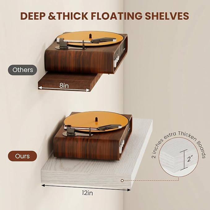 Vivelove 12 Deep Floating Shelves for Wall, 40 Inch Shelves for Room Wall Mounted, 2" Thick Floating Shelf for Living Room Bedroom Bathroom Kitchen Laundry Room, Set of 2 White Birch