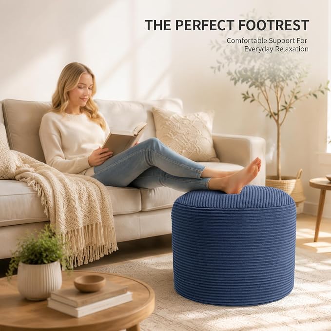 Stuffed Pouf Ottoman Foot Rest with 2.8-inch Solid Foam Base | Odorless Filling Resists Clumping, Washable Corduroy Cover, Round Foot Stool for Living Room Couch Lounging and Home Decor