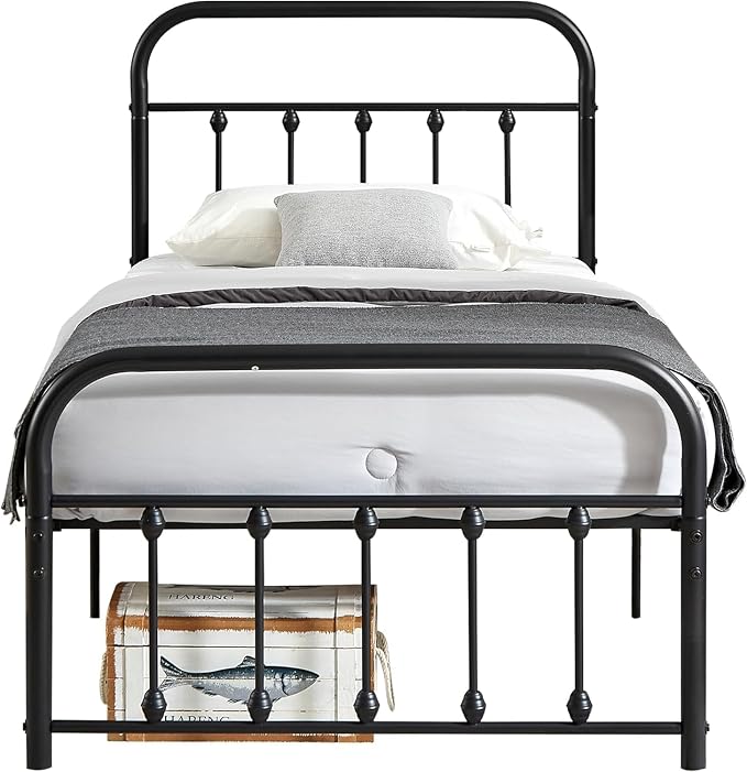 VECELO Black Metal Bed Frame Twin Size with Vintage Headboard and Footboard, No Box Spring Needed, Premium Stable Steel Slat Support Mattress Foundation
