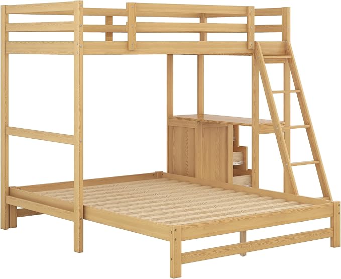 Ball & Cast Twin Over Full Bunk Bed with Safty Guardrail & Stair,Solid Wood Construction W/Built-in Desk & 3 Drawers,Can Divided Into 2 Bedframe,Easy Assembly,for Boy Girl Teen Adult Bedroom,Natural