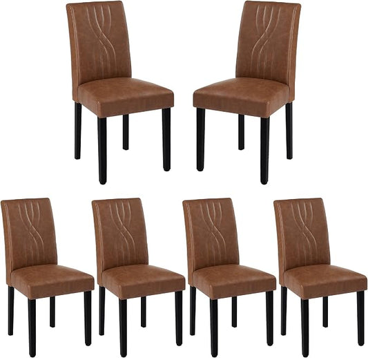 VECELO Upholstered Dining Chairs Set of 6, Modern PU Leather High Back Chairs with Solid Wood Legs for Kitchen and Living Room, Brown