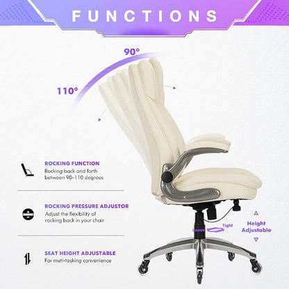 COLAMY Ivory Leather High Back Executive Office Chair, Ergonomic Desk Chair with Flip-up Arms, Thick Cushion, Silent Nylon Wheels, Adjustable Height & Rocking Function, 300lbs Capacity