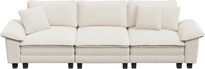 PHI VILLA Modern Modular Couches Sets, 123.6" Cloud Sectional Sofa with Upholstered Deep Seat, 3-Seater Couch for Living Room Small Spaces, Corduroy Fabric, Beige