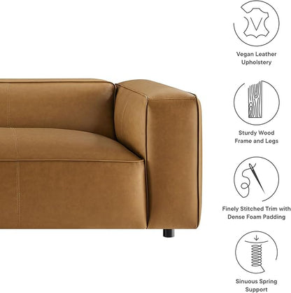 Modway Auren Vegan Leather Sofa in Camel - Faux Leather 3 Seater Couch - 88 Inch Comfy Modern PU Leather Sofa - Oversized Mid Century Modern Couch for Living Room, Apartment, Loft