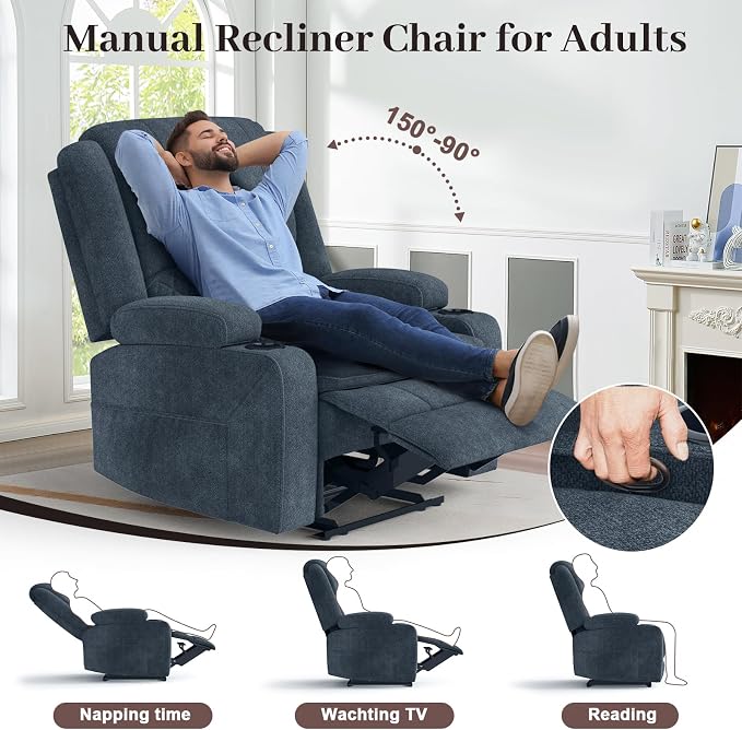 Yolsali Fabric Loveseat Recliner Sofa Set with 2-Tier Cushion, 2+1 Pieces in Living Room, 2 Seater Reclining Loveseat with Removable Console, 1 Oversize Recliner Chair Sofa Seat - Blue