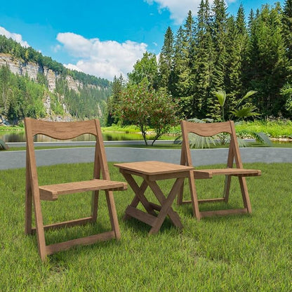 Outdoor Bistro Set Foldable Small Table and Chair Set,with 2 Chairs and Rectangular Table (Teak + HDPE)