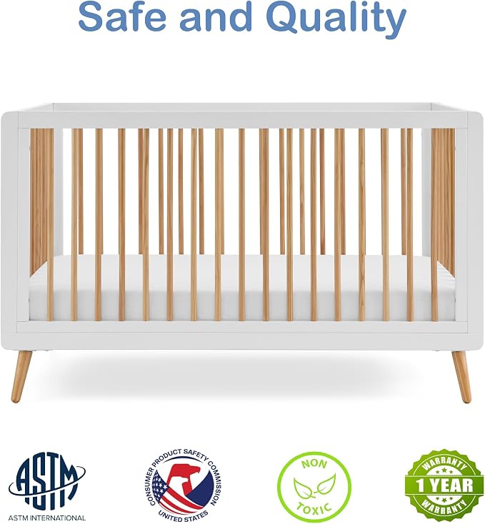 Tatum 3-in-1 Convertible Crib - Included Toddler Guard Rail, White/Natural Finish, Adjustable Mattress Height, Converts to Toddler Bed & Daybed, Fits Standard Full-Size Crib Mattress