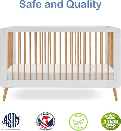 Tatum 3-in-1 Convertible Crib - Included Toddler Guard Rail, White/Natural Finish, Adjustable Mattress Height, Converts to Toddler Bed & Daybed, Fits Standard Full-Size Crib Mattress