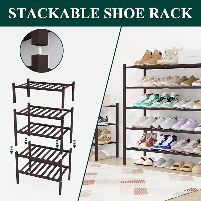 Smiry Long Bamboo Shoe Rack, 4 Tier Free Standing Wooden Shoe Organizer, Stackable Wood Shoe Storage Shelf for Closet, Entryway, 12 Vertical Slats, 2+2 Stack Standard Legs, 33.7"x11"x26", Brown