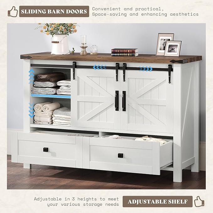 AMERLIFE 3-Piece Farmhouse Furniture Set with Sideboard Cabinet and Nightstands Set of 2, Sliding Barn Door Wood Storage Cabinet Set for Bedroom, Dining Room, Distressed White