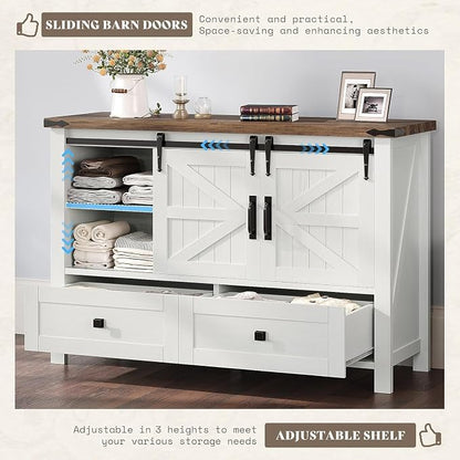 AMERLIFE 3-Piece Farmhouse Furniture Set with Sideboard Cabinet and Nightstands Set of 2, Sliding Barn Door Wood Storage Cabinet Set for Bedroom, Dining Room, Distressed White