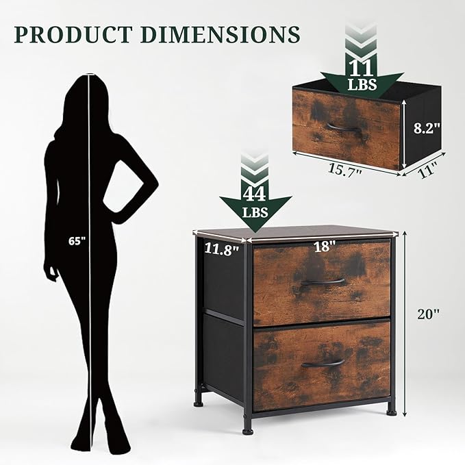Nightstand, Small 2 Drawer Dresser End Table Bedside Furniture, Wooden Top Fabric Bins for Bedroom, Closet, Entryway, Dorm, 11.8" D x 18" W x 20", Brown
