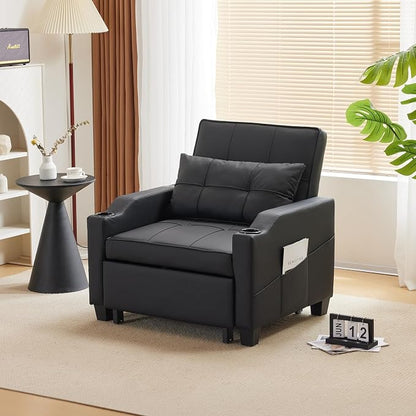 VINGLI Sleeper Chair 3-in-1 Convertible Sofa Bed Adjustable Recliner Sofa Modern Pull Out Couch Bed with 2 USB Ports 2 Cup Holders 2 Side Pockets for Living Room Bedroom Small Spaces, Black