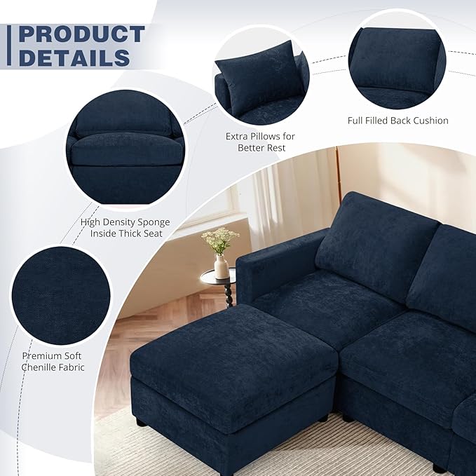 84” Chenille 3-Seats Sofa W/Movable Ottoman, Blue | Modern Fabric L-Shaped Couch w/Soft Backrests, Upholstered Sectional Sofa w/Arm Pillows for Living Room