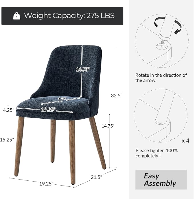 Upholstered Dining Chairs Set of 2, Fabric Dining Room Chairs with Curved Backrest, Solid Wood Legs, Modern Kitchen Chairs for Dining Room Living Room, Navy