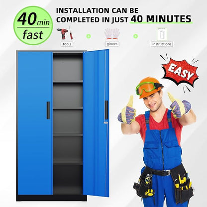 Bonusall 72" Metal Garage Storage Cabinet, 2 Locking Doors & 4 Adjustable Shelves Tall Storage, Heavy Duty Steel Tool Cabinet for Home, Office, Warehouse, School - Black Blue