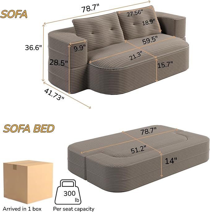 78.7" Futon Sofa Bed, 2-in-1 Foldable Sleeper Sofa, Convertible Sofa Bed with Pillows, Corduroy Couch with Multi Functional Blanket Upholstered Boneless Couches for Living Room, Brown