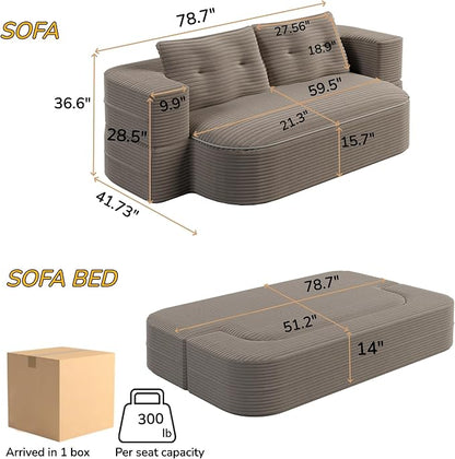 78.7" Futon Sofa Bed, 2-in-1 Foldable Sleeper Sofa, Convertible Sofa Bed with Pillows, Corduroy Couch with Multi Functional Blanket Upholstered Boneless Couches for Living Room, Brown